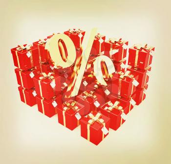Percentage and gifts on a white background. 3D illustration. Vintage style.