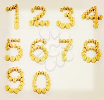 Set of the numbers 1,2,3,4,5,6,7,8,9,0 of gold coins with dollar sign on a white background. 3D illustration. Vintage style.