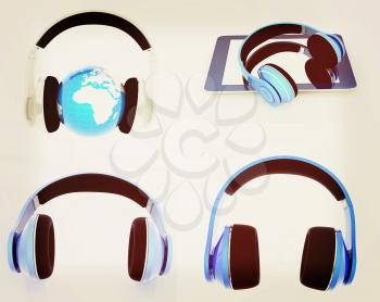 Phone and headphones set on a white background. 3D illustration. Vintage style.
