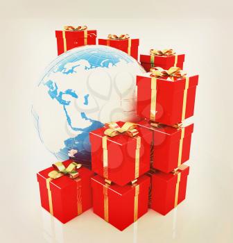 Traditional Christmas gifts and earth on a white background. Global holiday concept . 3D illustration. Vintage style.