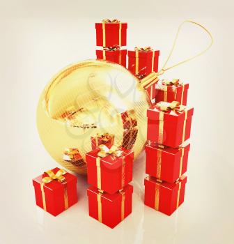 Bright christmas gifts and toys on a white background . 3D illustration. Vintage style.