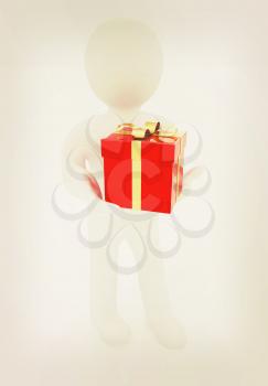 3d man gives red gift with gold ribbon on a white background. 3D illustration. Vintage style.