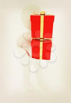 3d man gives red gifts with gold ribbon on a white background. 3D illustration. Vintage style.