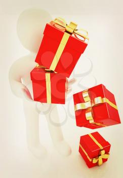 3d man strawed red gifts with gold ribbon on a white background. 3D illustration. Vintage style.