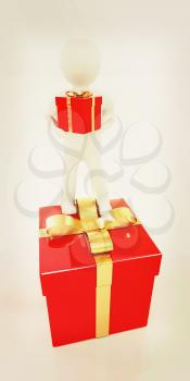 на белом фоне 3d man and red gifts with gold ribbon on a white background. 3D illustration. Vintage style.