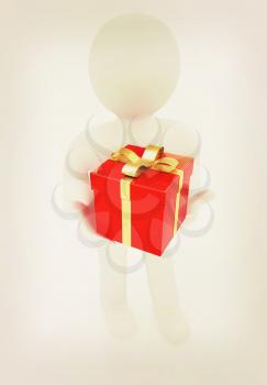 на белом фоне 3d man and red gifts with gold ribbon on a white background. 3D illustration. Vintage style.