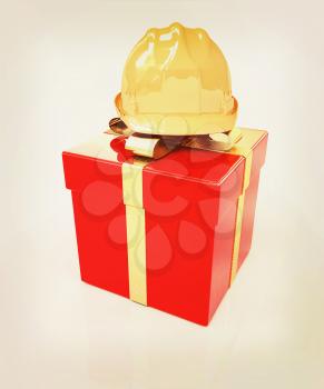 hard hat on a red gift on a white background. 3D illustration. Vintage style.