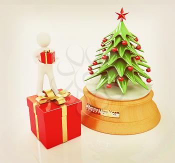 3D human, gift and Christmas tree on a white background. 3D illustration. Vintage style.