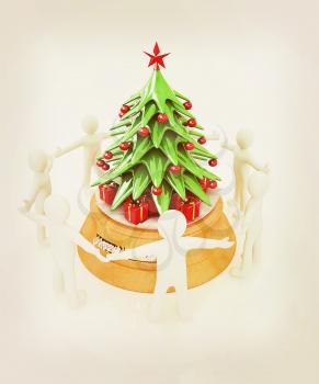 3D human around gift and Christmas tree on a white background. 3D illustration. Vintage style.