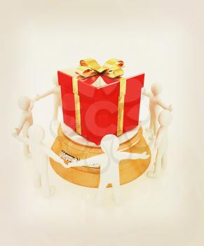 3d man around red gift with gold ribbon on a white background . 3D illustration. Vintage style.