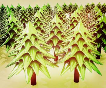 Christmas trees on a white background . 3D illustration. Vintage style.