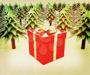 Christmas trees and gift on a white background. 3D illustration. Vintage style.