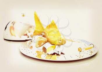 Gold fish on a restaurant cloche on a white background. 3D illustration. Vintage style.