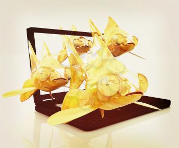 Gold fishea and laptop on a white background. 3D illustration. Vintage style.