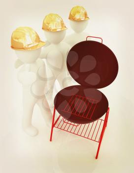 3d mans in a hard hat with thumb up and barbecue grill. On a white background . 3D illustration. Vintage style.