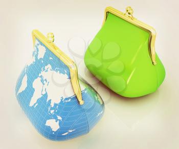 Purse Earth and purses. On-line concept on a white background. 3D illustration. Vintage style.