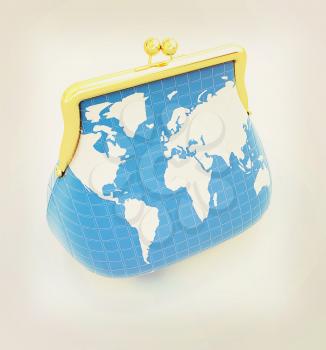 Purse Earth. On-line concept on a white background. 3D illustration. Vintage style.