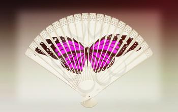 Colorful hand fan isolated on gray. 3D illustration. Vintage style.