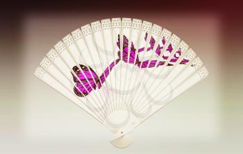 Colorful hand fan isolated on gray. 3D illustration. Vintage style.