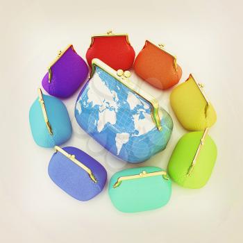 Purse Earth and purses. On-line concept on a white background. 3D illustration. Vintage style.