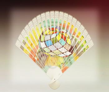 Colorful hand fan isolated on gray . 3D illustration. Vintage style.