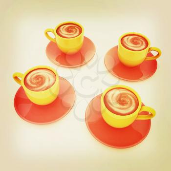 Coffee cups on saucer on a white background. 3D illustration. Vintage style.