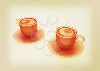 Coffee cups on saucer on a white background. 3D illustration. Vintage style.