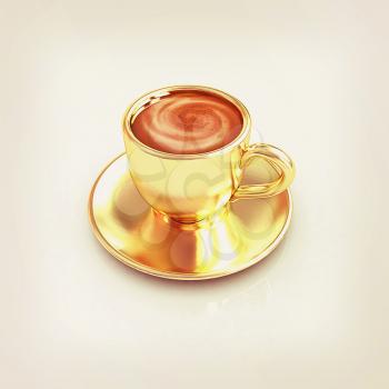 Gold coffee cup on saucer on a white background. 3D illustration. Vintage style.