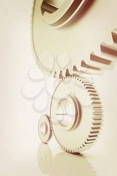 White background consisting of bright gears and arrows.The concept of motion . 3D illustration. Vintage style.