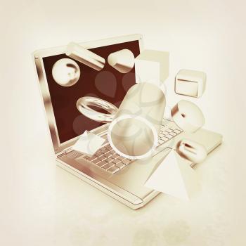 Powerful laptop specially for 3d graphics and software on a white background. 3D illustration. Vintage style.
