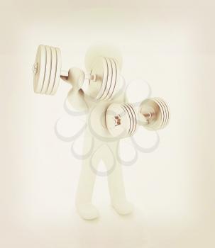 3d mans with metall dumbbells on a white background. 3D illustration. Vintage style.