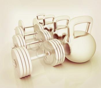 Metall weights and dumbbells on a white background. 3D illustration. Vintage style.