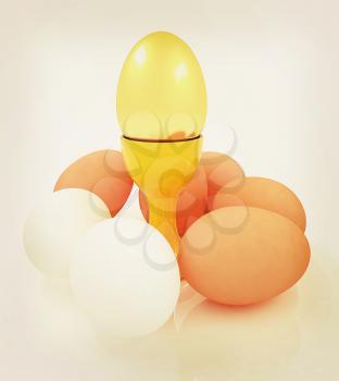 Eggs and gold easter egg on egg cups . 3D illustration. Vintage style.