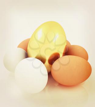 Eggs and gold easter egg. 3D illustration. Vintage style.