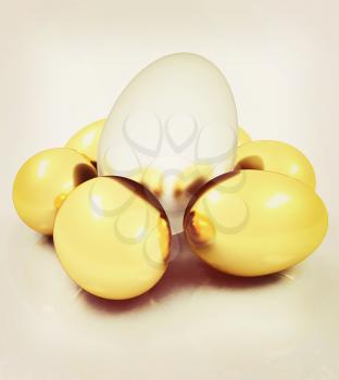 Big egg and gold eggs. 3D illustration. Vintage style.