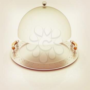 restaurant cloche with open lid . 3D illustration. Vintage style.