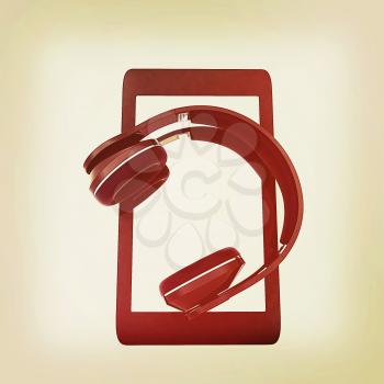 a creative cellphone with headphones isolated on white, portable audio concept . 3D illustration. Vintage style.