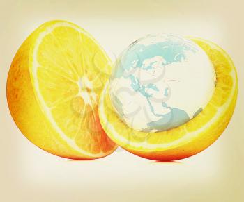 Earth on orange fruit on white background. Creative conceptual image. . 3D illustration. Vintage style.