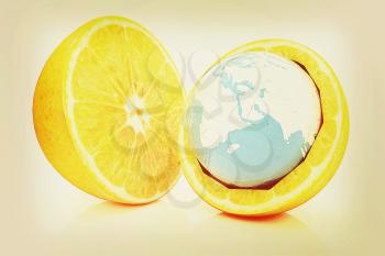 Earth on orange fruit on white background. Creative conceptual image. . 3D illustration. Vintage style.