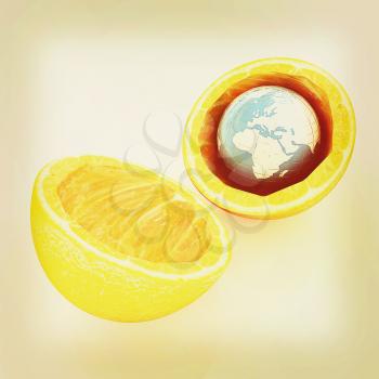 Earth and orange fruit on white background. Creative conceptual image. . 3D illustration. Vintage style.