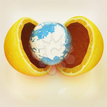Earth and orange fruit on white background. Creative conceptual image. . 3D illustration. Vintage style.