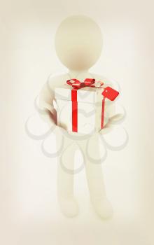 3d man and gift with red ribbon on a white background . 3D illustration. Vintage style.