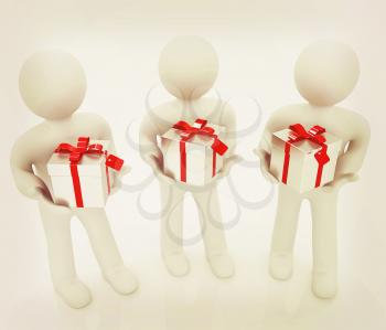 3d mans and gift with red ribbon on a white background . 3D illustration. Vintage style.