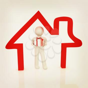 Presentation of new house. 3d man holds the gift, and is within the red icon house . 3D illustration. Vintage style.