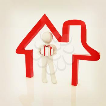 Presentation of new house. 3d man holds the gift, and is within the red icon house . 3D illustration. Vintage style.