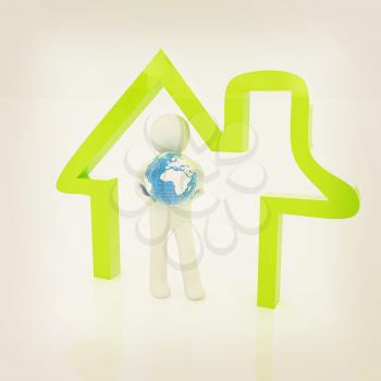 3d man, house icon and earth. 3D illustration. Vintage style.