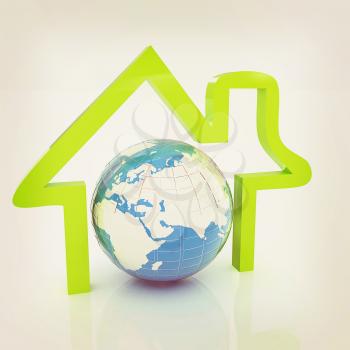 3d green icon house, earth on white background . 3D illustration. Vintage style.