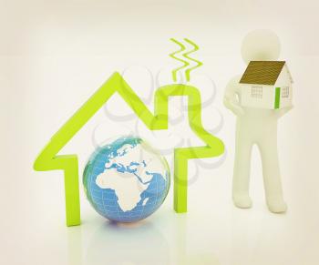 3d man, house icon and earth. 3D illustration. Vintage style.