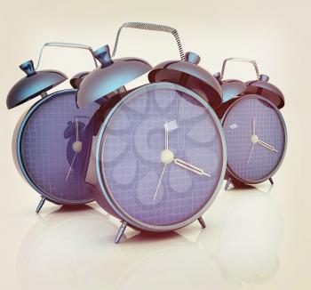 3d illustration of glossy alarm clocks against white background . 3D illustration. Vintage style.