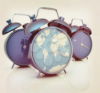 Alarm clock of world map and alarm clocks. 3D illustration. Vintage style.